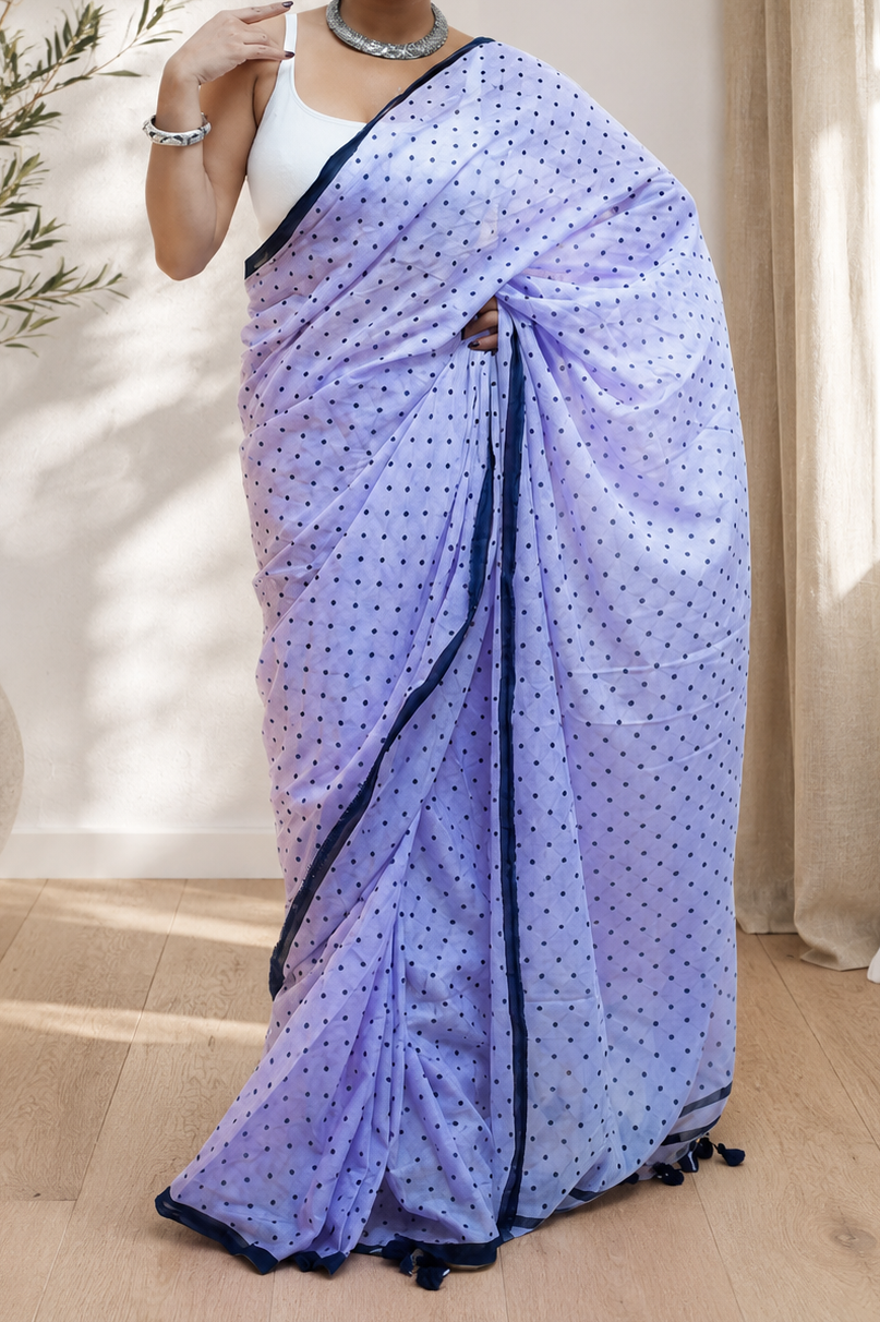 Chic Lavender Polka Dot Mal Cotton Saree