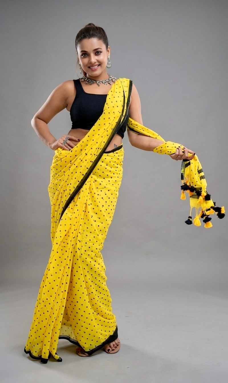 Sunshine Yellow Printed Polka Dot Georgette Saree