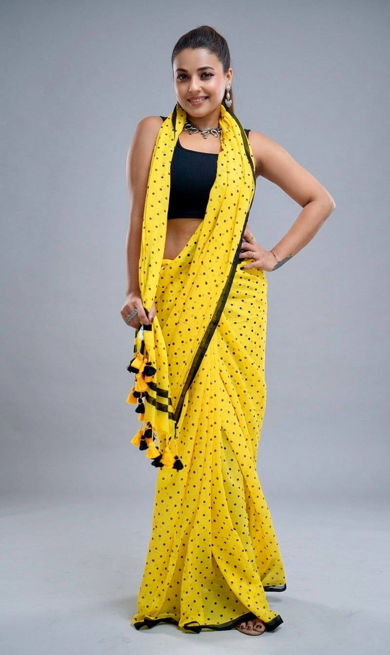 Sunshine Yellow Printed Polka Dot Georgette Saree