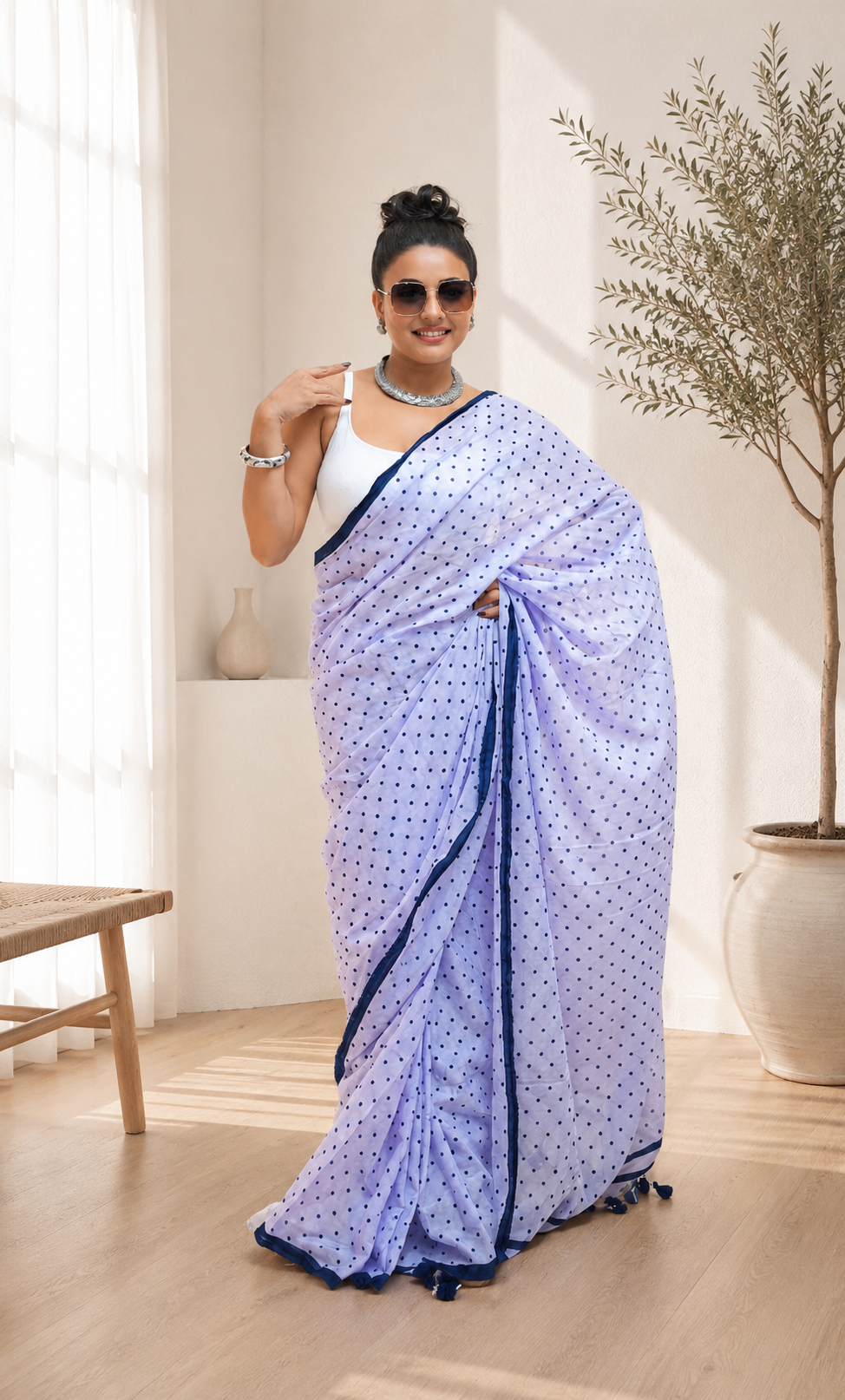 Chic Lavender Polka Dot Mal Cotton Saree