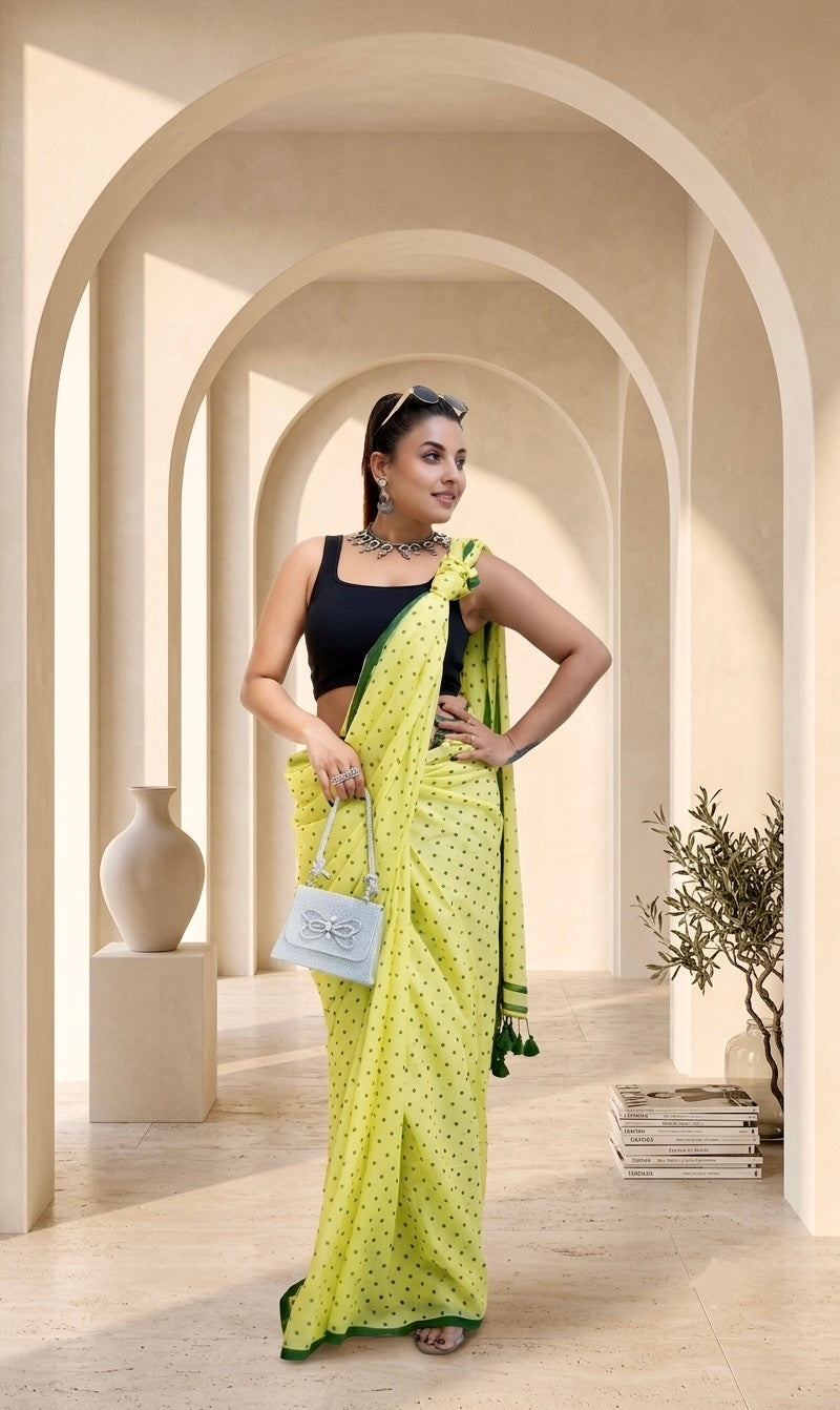 Lemon Yellow Polka Dot Malcotton Saree with Green Border