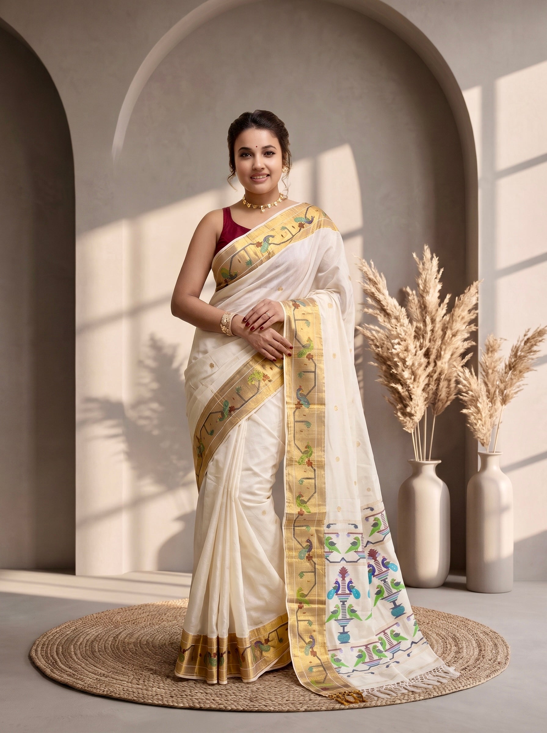 Handloom Paithani saree with Work and Running Blouse Piece (White Colour)