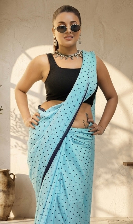 Blue Polka Dot Malcotton Saree