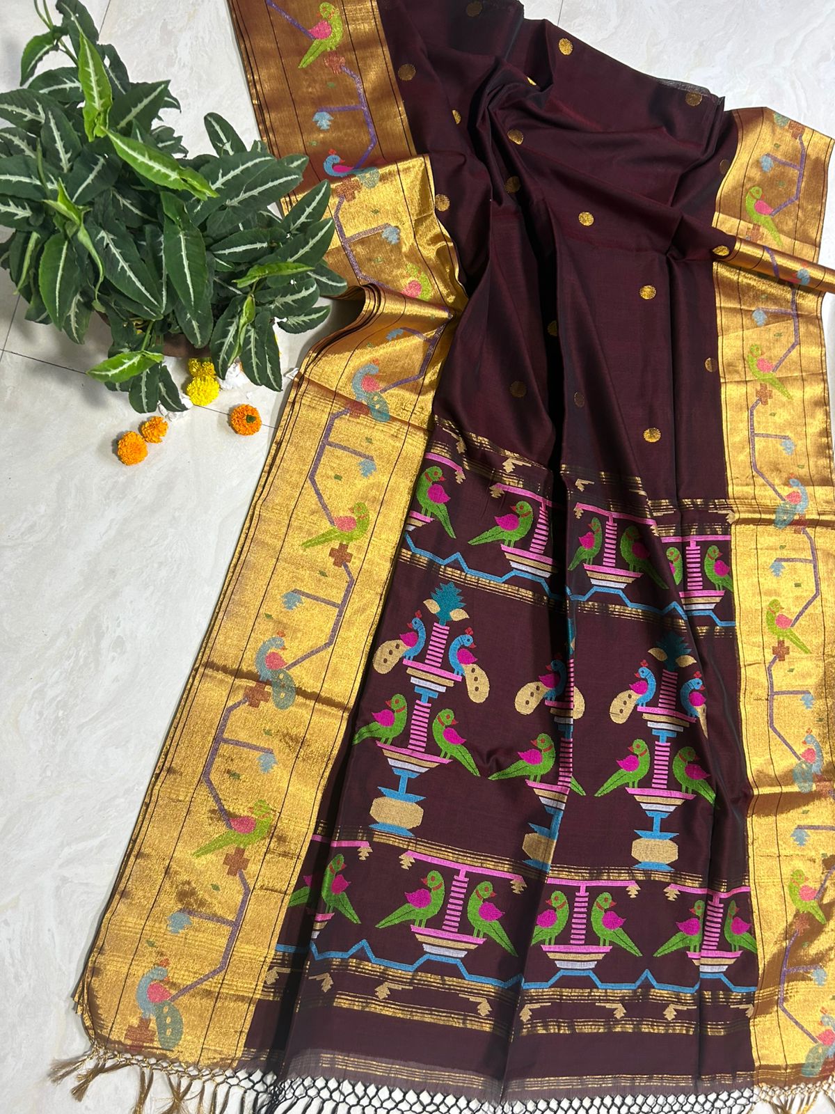 Handloom Paithani Saree With Work & Running Blouse Peice(Brown)