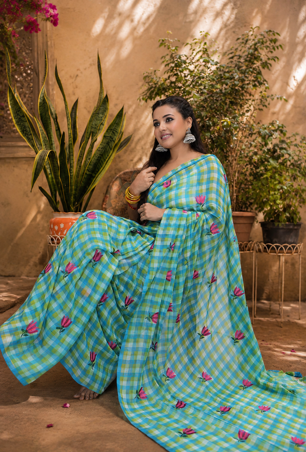 Malcotton checks tulip flower saree