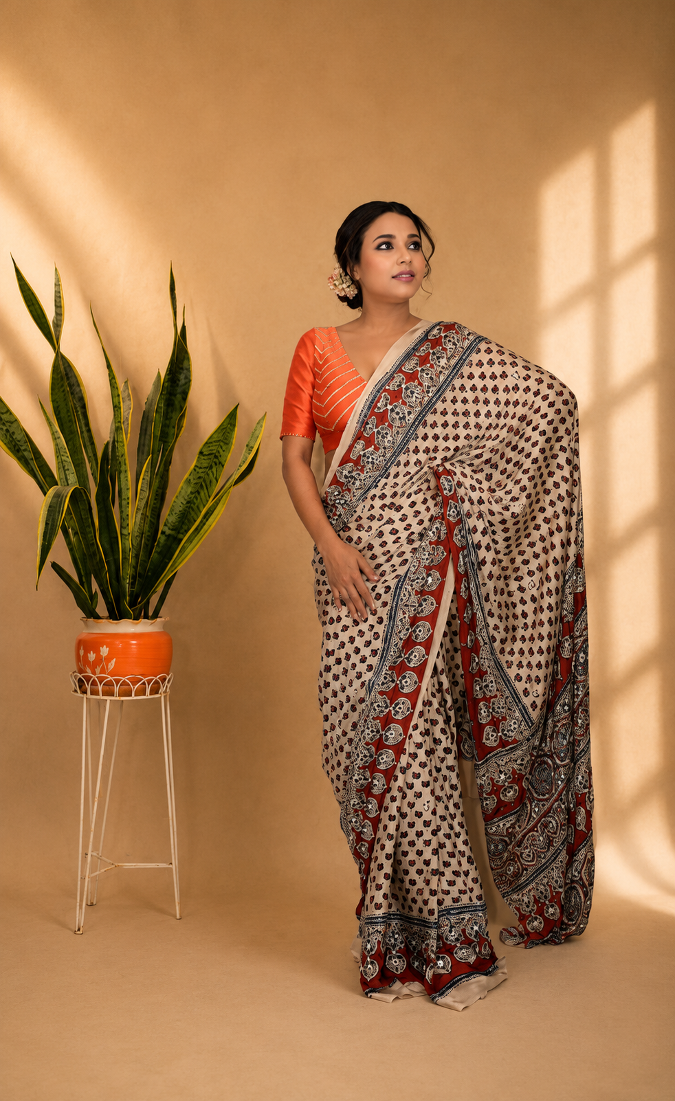 Modal silk ajrak print saree with running blouse piece