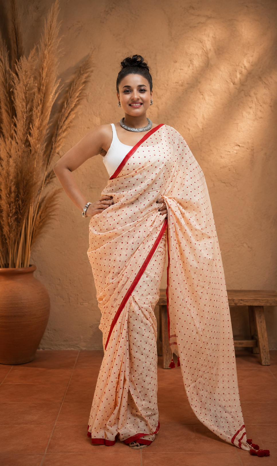 Peach polka Malcotton Saree