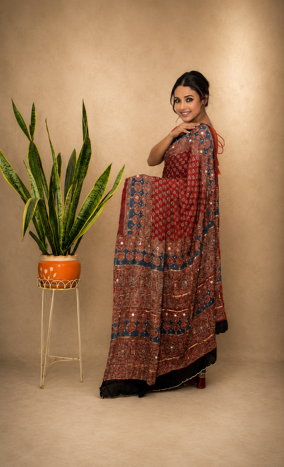 Modal silk ajrak zardusi hand work saree with running blouse piece