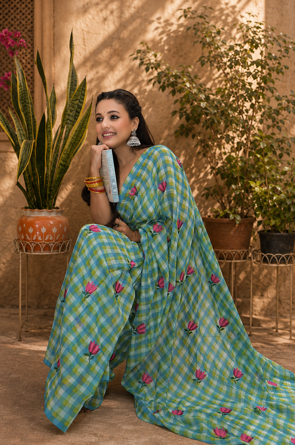 Malcotton checks tulip flower saree