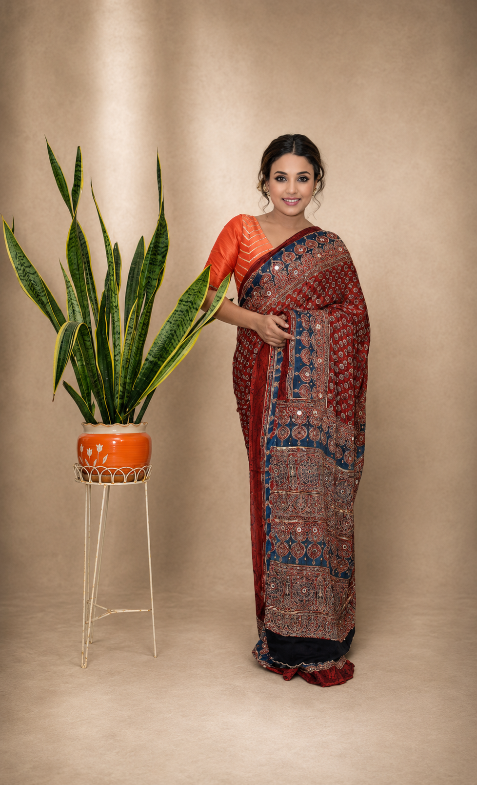 Modal silk ajrak zardusi hand work saree with running blouse piece