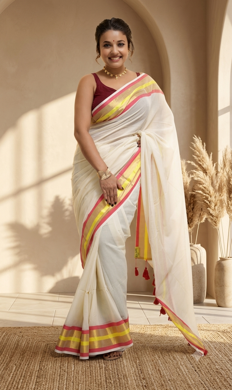 Traditional White Onam Special Kasavu Saree