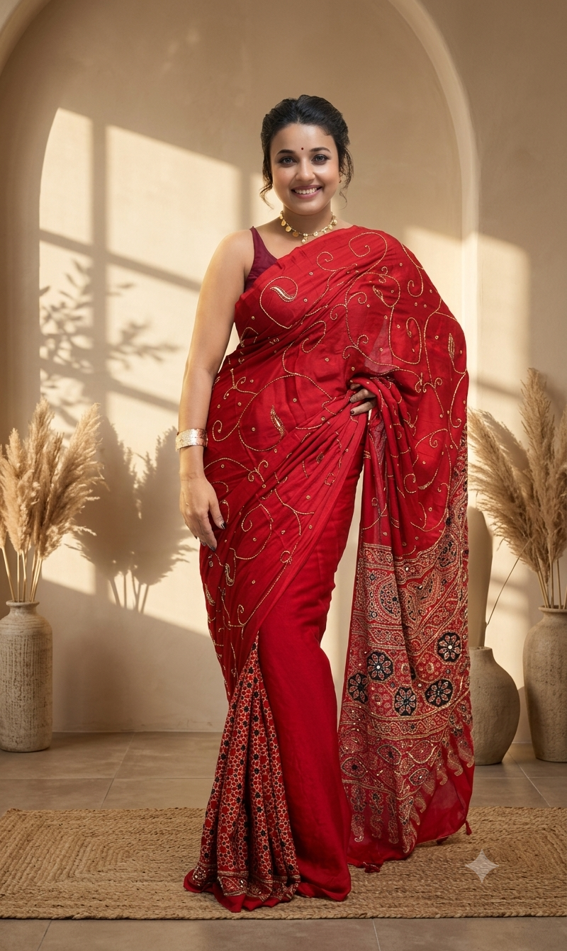 Premium Modal Ajrakh Saree with Zardosi Work