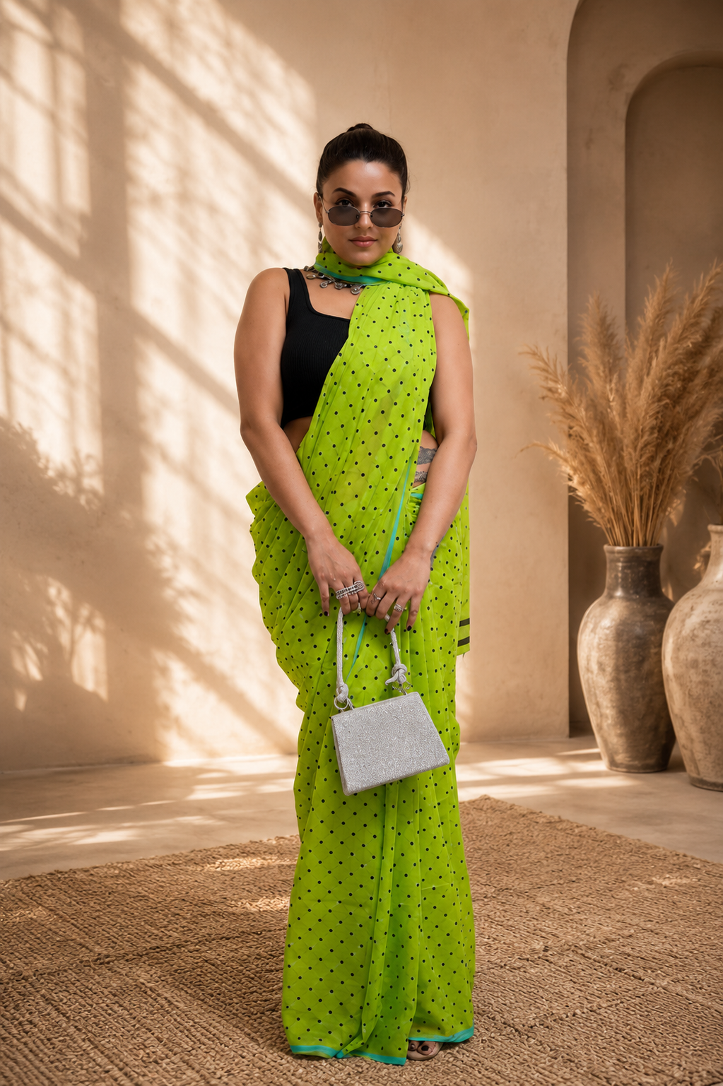Neon Lime Polka Dot Saree with Turquoise Border