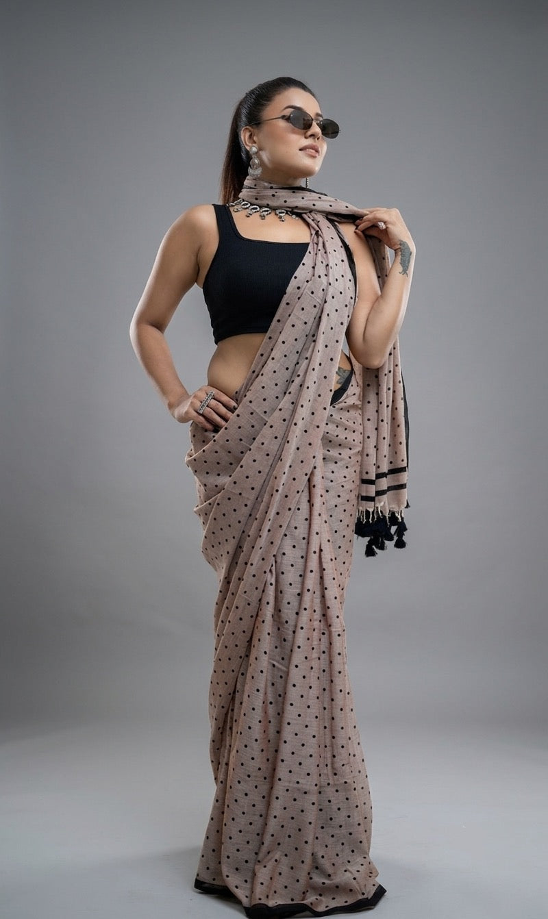 Taupe Blush Polka Dot Saree with Charcoal Piping
