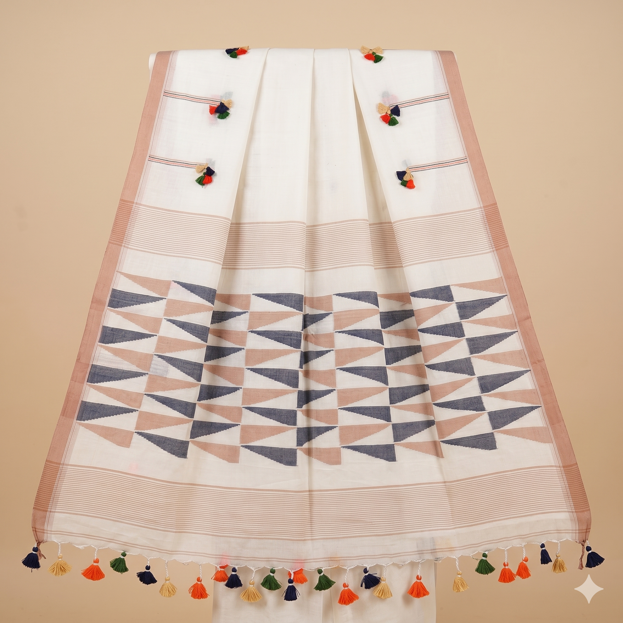 Premium Off-White Handloom Cotton Saree with Geometric Motifs & Multicolor Tassels