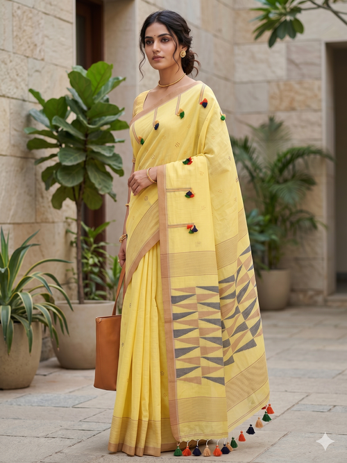 Aura of Awadh Lemon Yellow Handwoven Cotton Saree(With Running Blouse Piece)