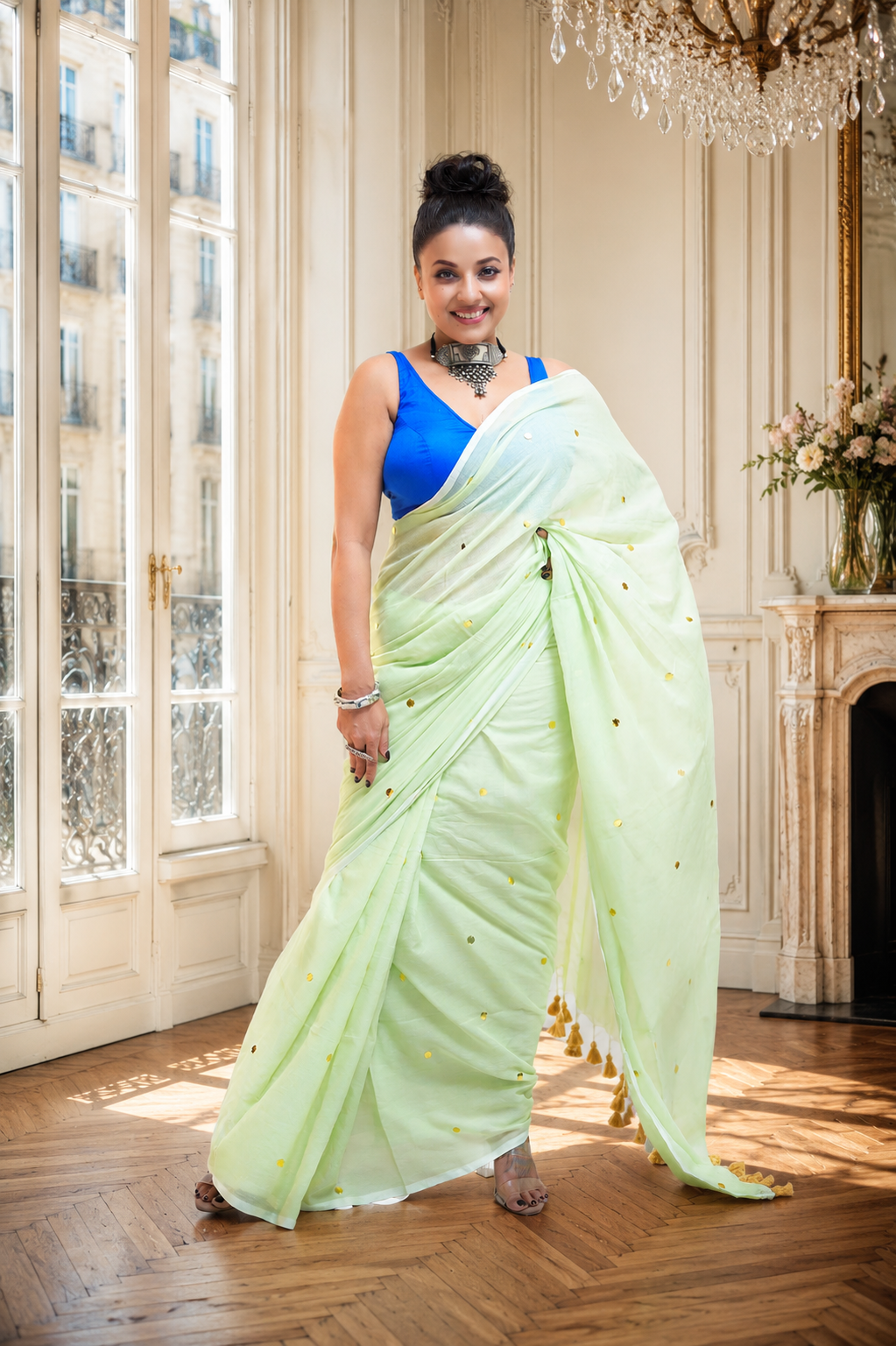 Mint Green Malcotton Saree with Gold Buttis