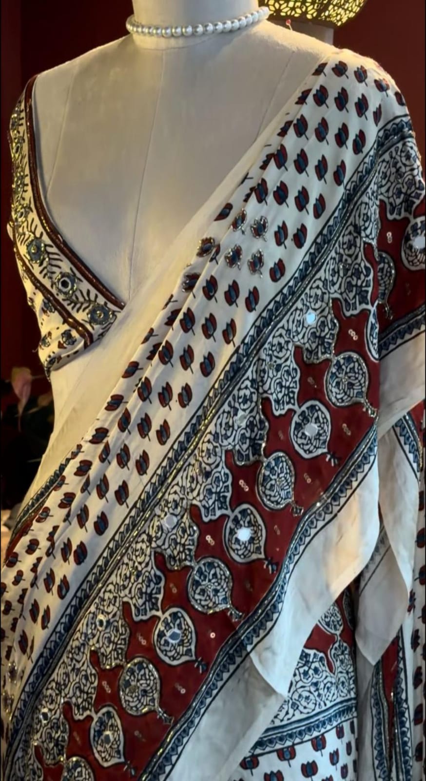 Pure Model Ajrak Print Saree with Zardosi & Real Mirror Work | Premium Designer Saree with Blouse Fabric
