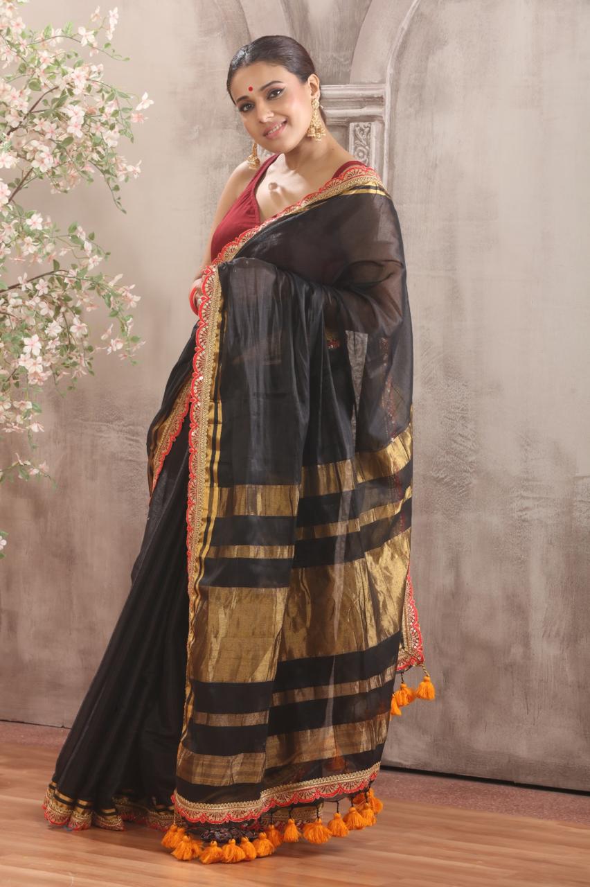 Glamorous Black Tissue Saree with Designer Zari Border & Statement Tassels