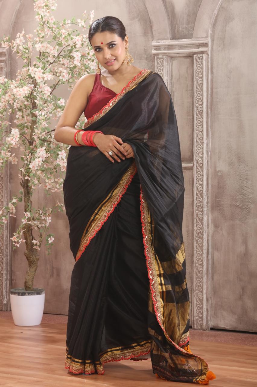 Glamorous Black Tissue Saree with Designer Zari Border & Statement Tassels