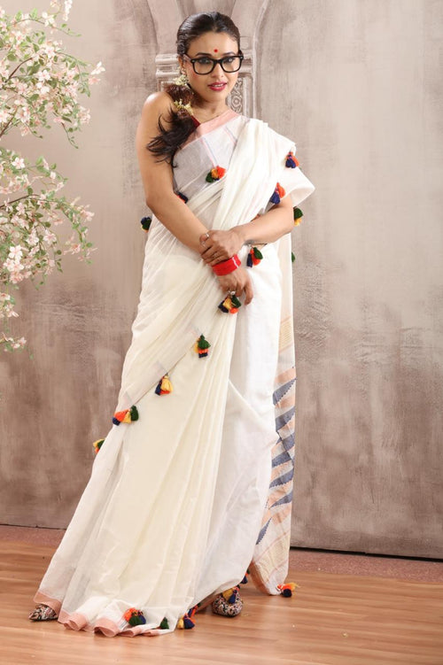 Chic Off-White Handwoven Cotton Saree with Festive Colorful Tassels