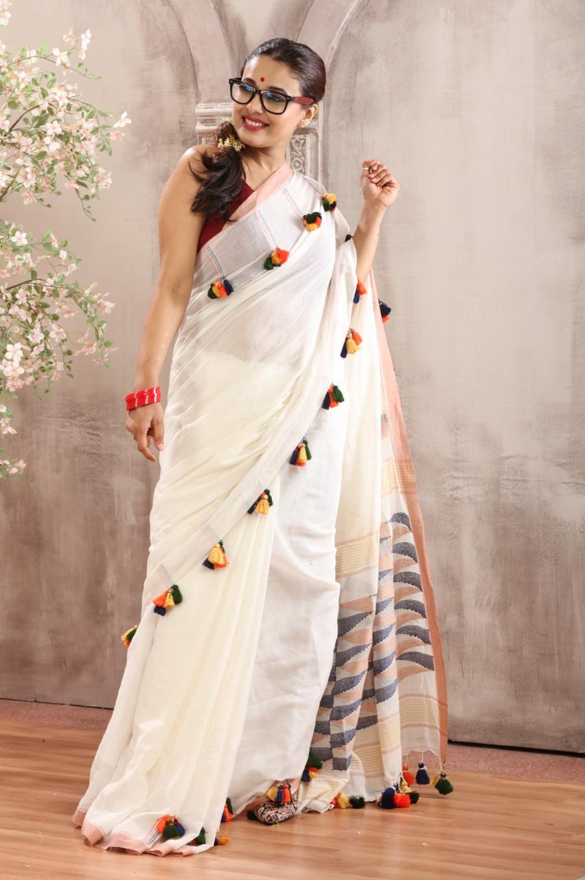 Chic Off-White Handwoven Cotton Saree with Festive Colorful Tassels