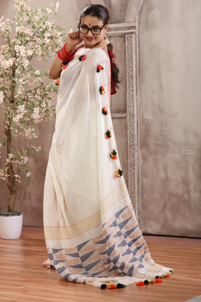 Chic Off-White Handwoven Cotton Saree with Festive Colorful Tassels