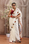 Chic Off-White Handwoven Cotton Saree with Festive Colorful Tassels