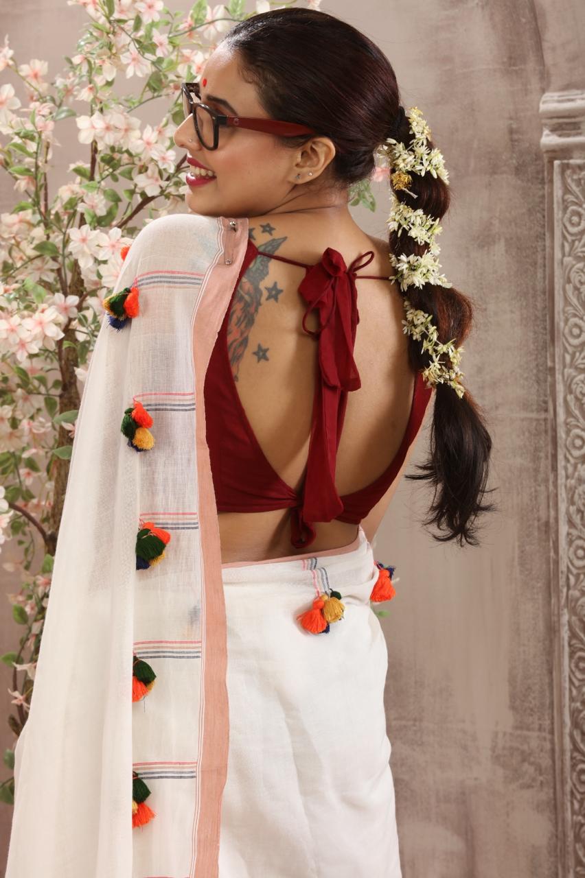 Chic Off-White Handwoven Cotton Saree with Festive Colorful Tassels