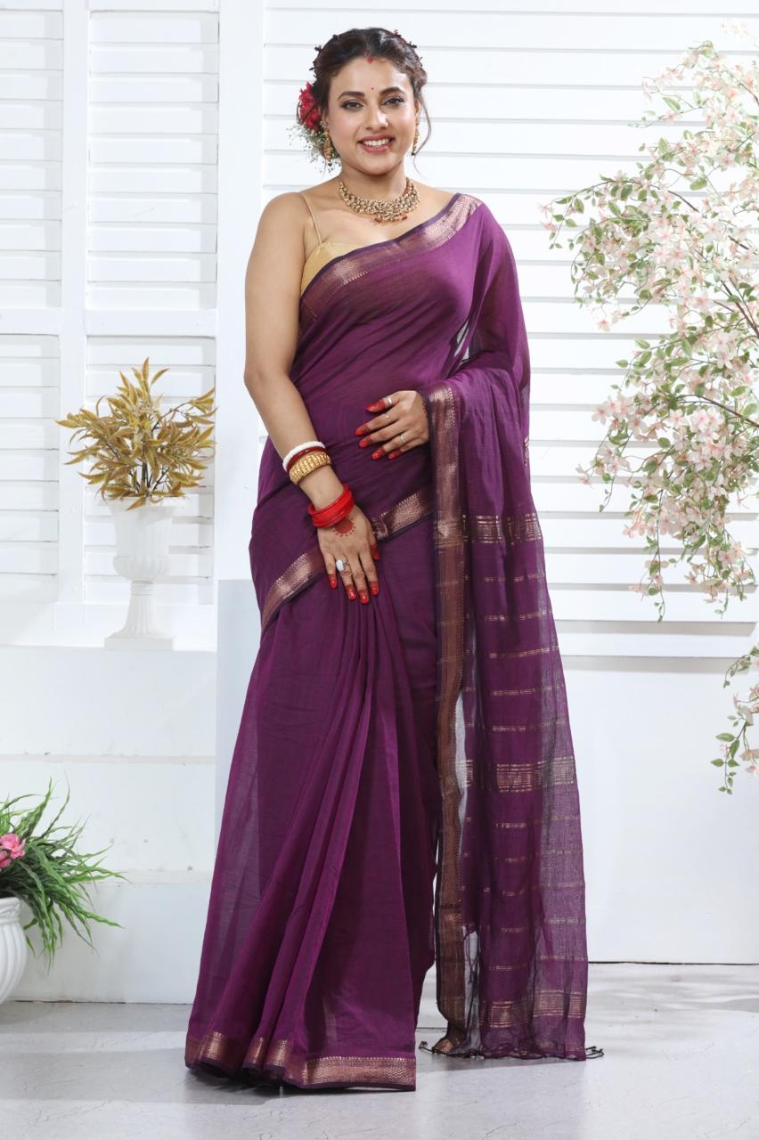 Royal Wine Mangalagiri Pure Cotton Saree with Golden Zari Pallu