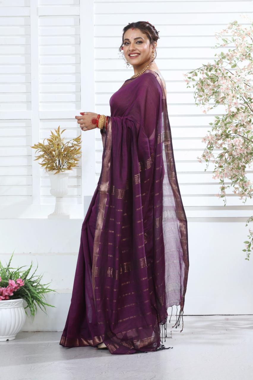 Royal Wine Mangalagiri Pure Cotton Saree with Golden Zari Pallu