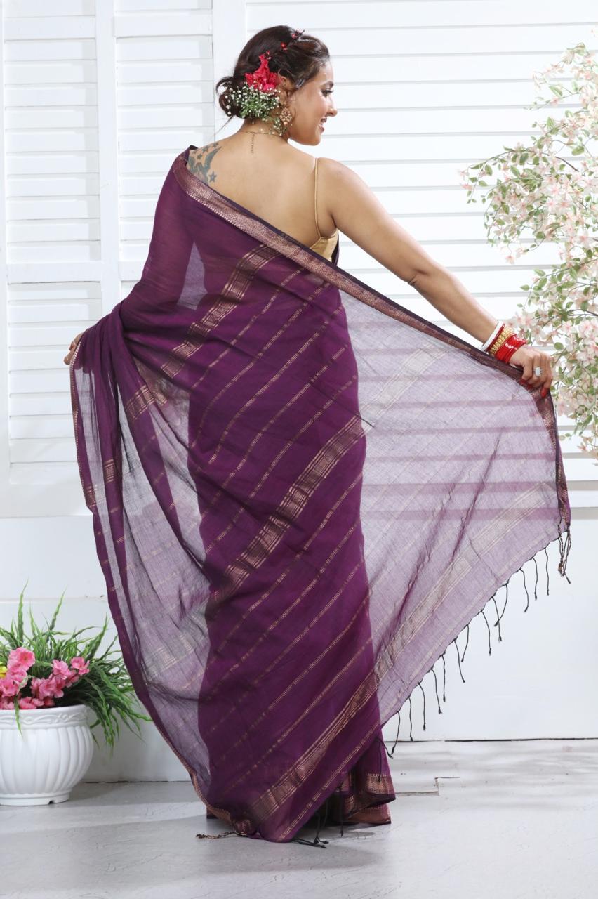 Royal Wine Mangalagiri Pure Cotton Saree with Golden Zari Pallu