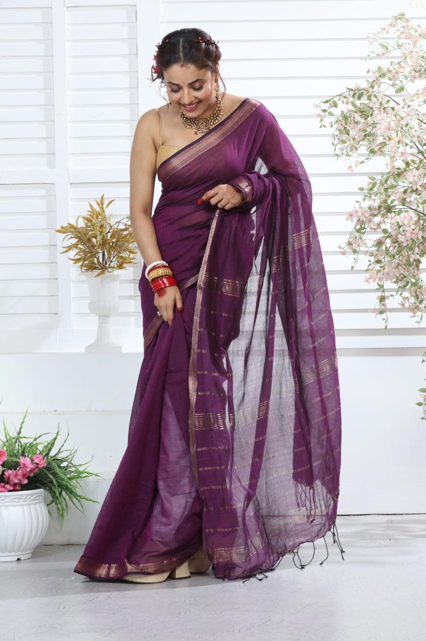 Royal Wine Mangalagiri Pure Cotton Saree with Golden Zari Pallu