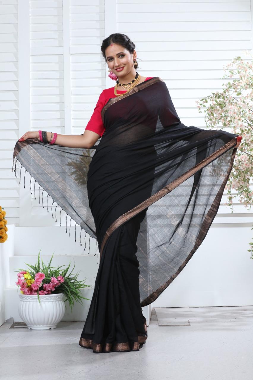 Elegant Black Mangalagiri Pure Cotton Saree with Traditional Zari Border