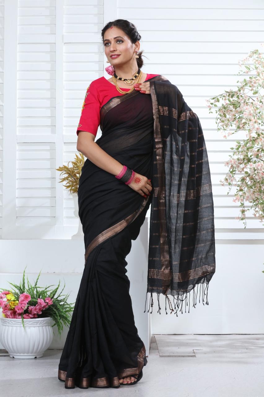 Elegant Black Mangalagiri Pure Cotton Saree with Traditional Zari Border
