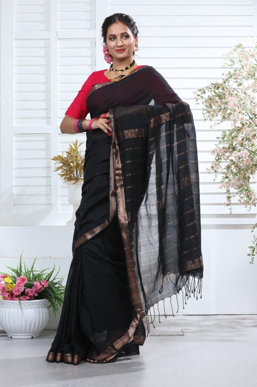 Elegant Black Mangalagiri Pure Cotton Saree with Traditional Zari Border