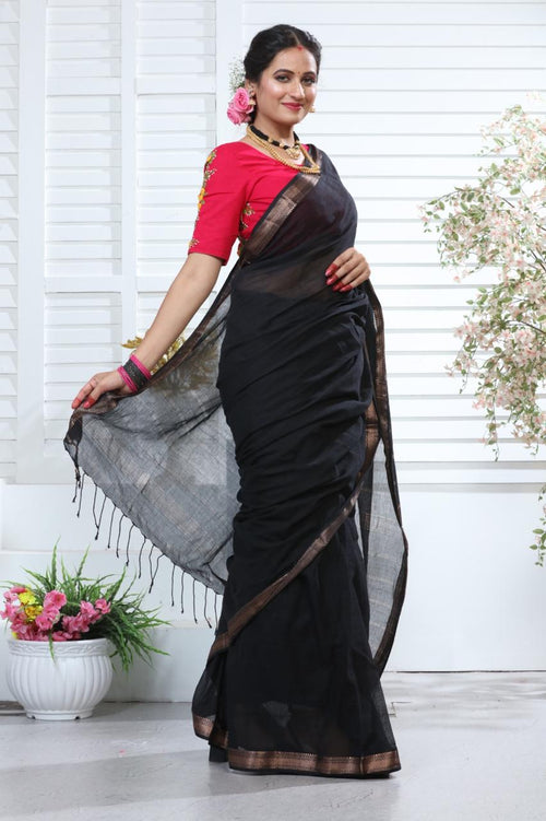 Elegant Black Mangalagiri Pure Cotton Saree with Traditional Zari Border