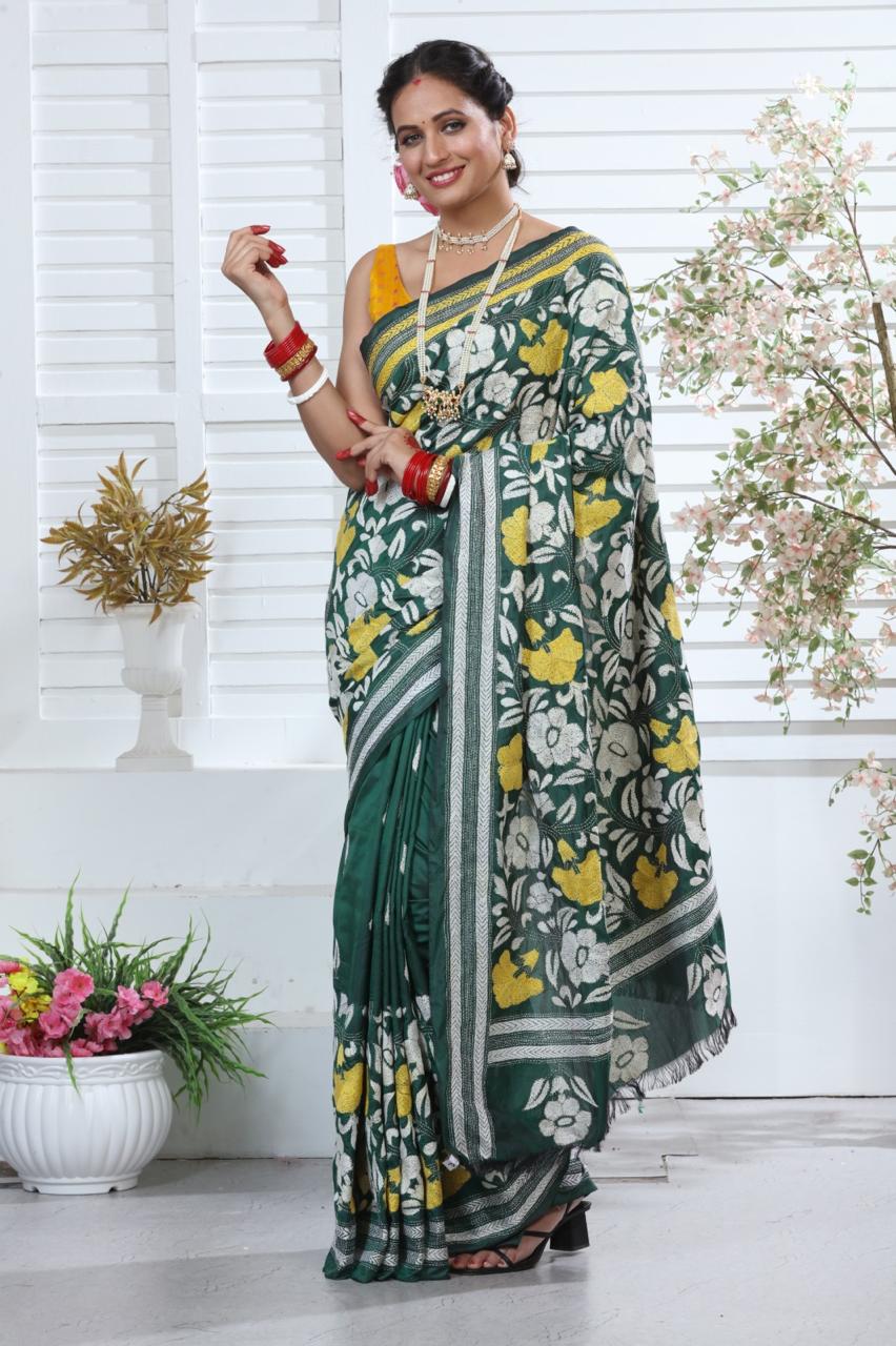 Bangalore Silk Khatha Handwork Saree with Running Blouse Piece