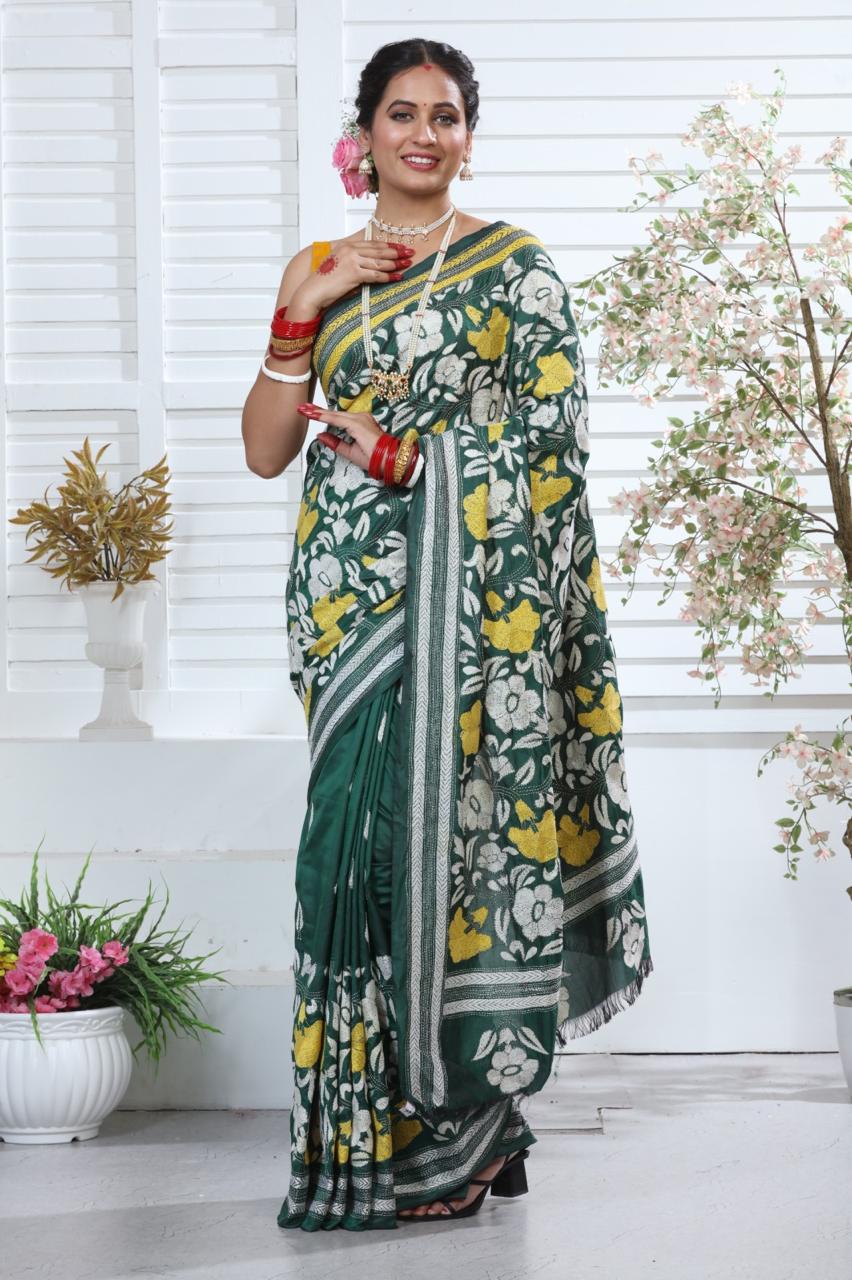Bangalore Silk Khatha Handwork Saree with Running Blouse Piece