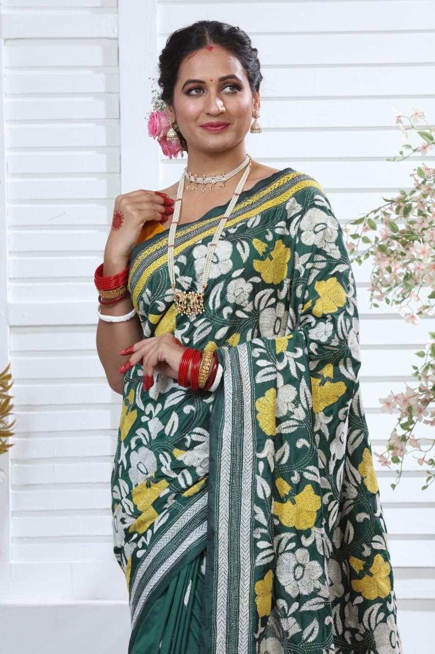 Bangalore Silk Khatha Handwork Saree with Running Blouse Piece