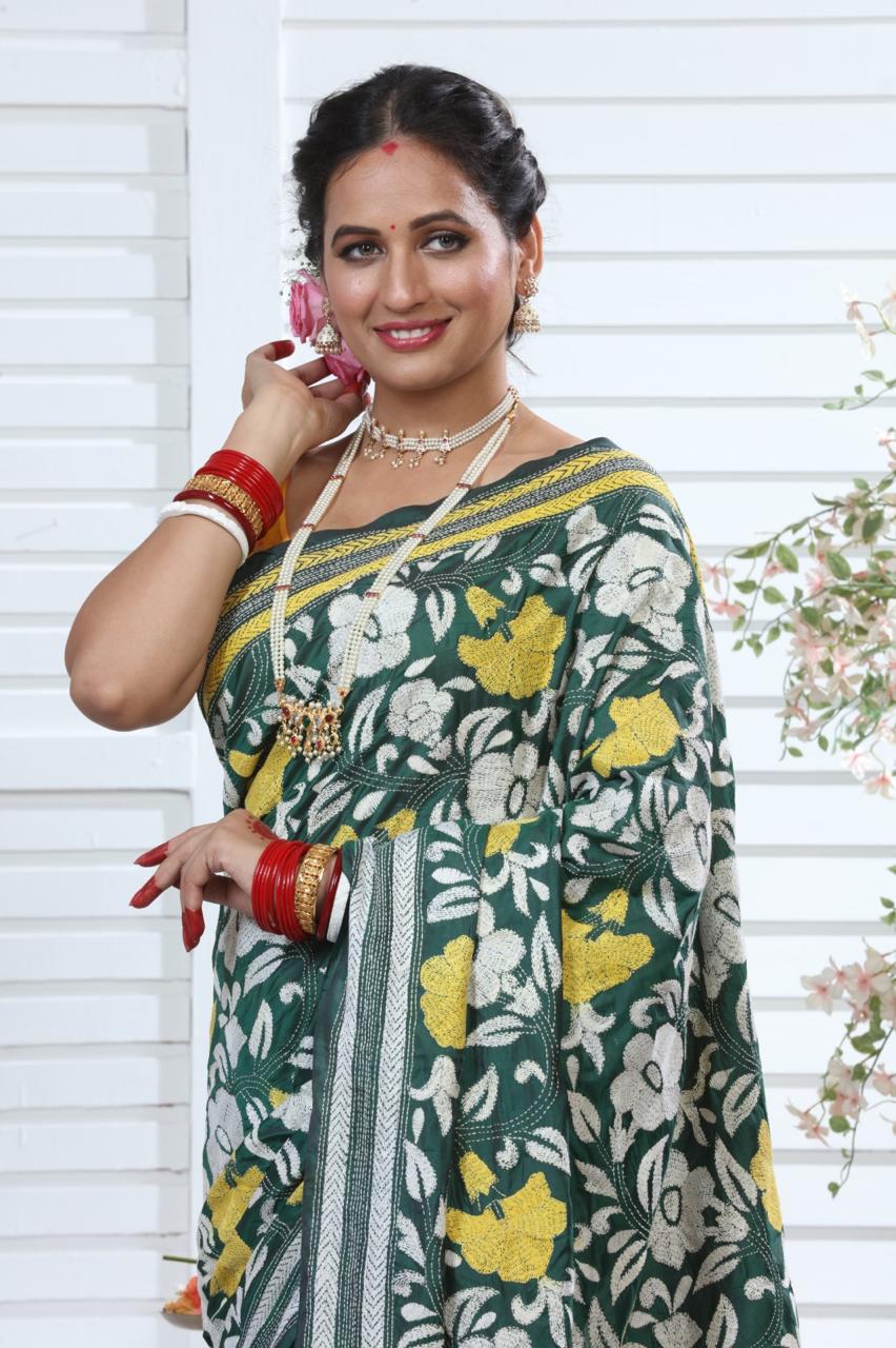 Bangalore Silk Khatha Handwork Saree with Running Blouse Piece