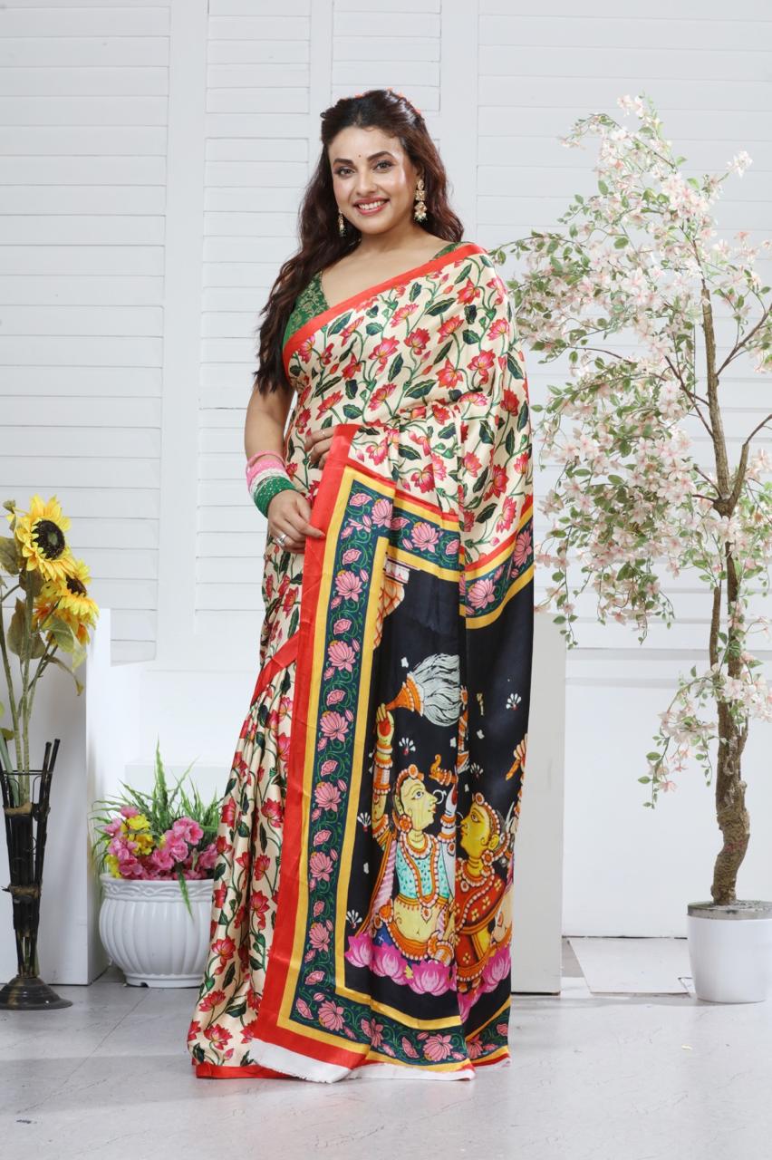 Modal Silk Digital Print Kalamkari Saree with Running Contrast Blouse Piece