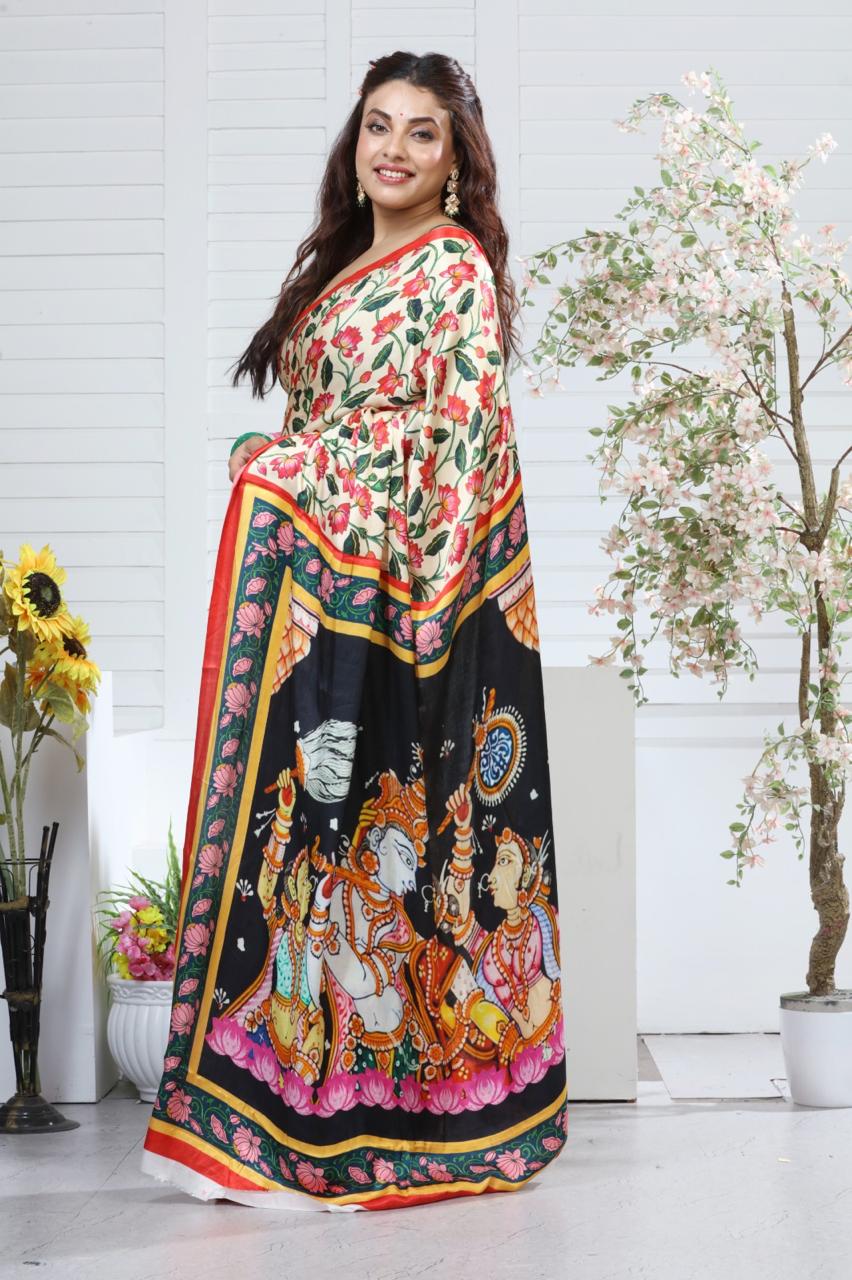 Modal Silk Digital Print Kalamkari Saree with Running Contrast Blouse Piece