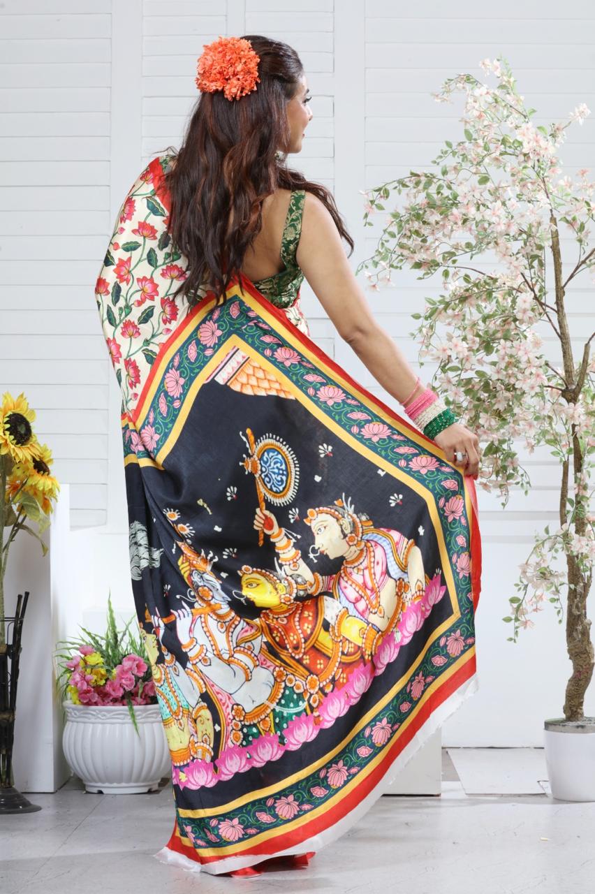 Modal Silk Digital Print Kalamkari Saree with Running Contrast Blouse Piece
