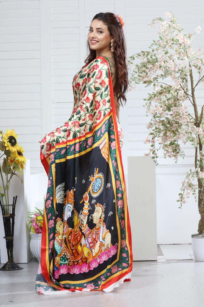 Modal Silk Digital Print Kalamkari Saree with Running Contrast Blouse Piece