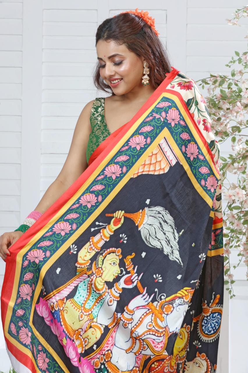 Modal Silk Digital Print Kalamkari Saree with Running Contrast Blouse Piece