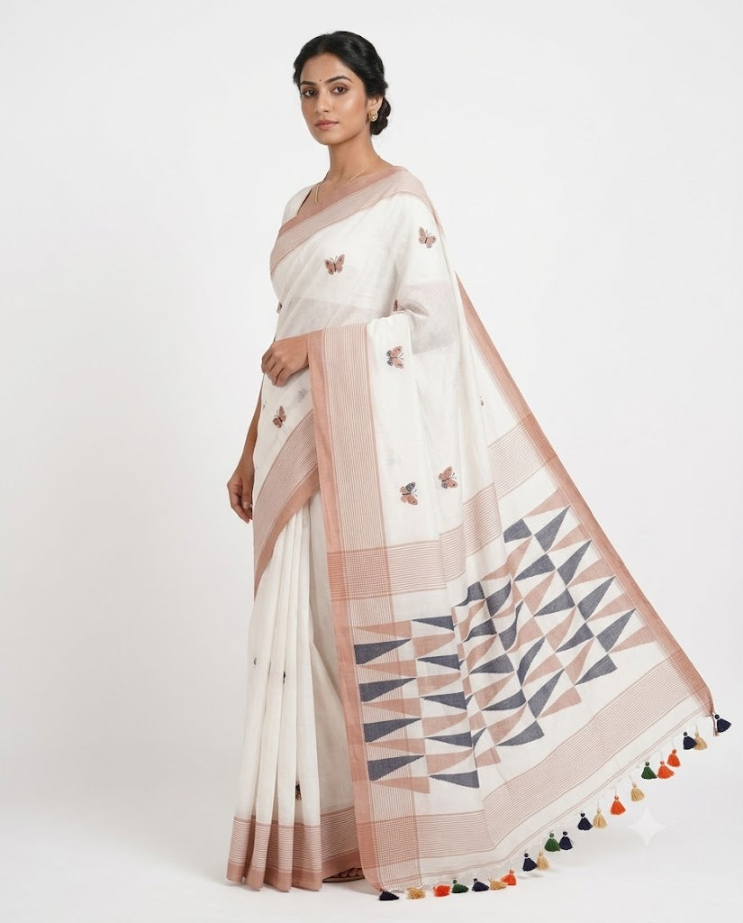 Premium Off-White Handloom Cotton Saree with Geometric Motifs & Multicolor Tassels