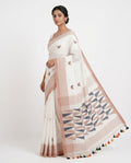 Premium Off-White Handloom Cotton Saree with Geometric Motifs & Multicolor Tassels