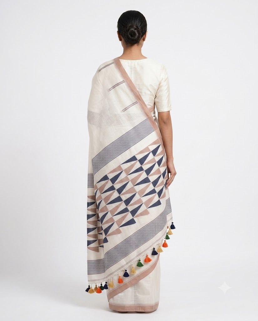 Premium Off-White Handloom Cotton Saree with Geometric Motifs & Multicolor Tassels