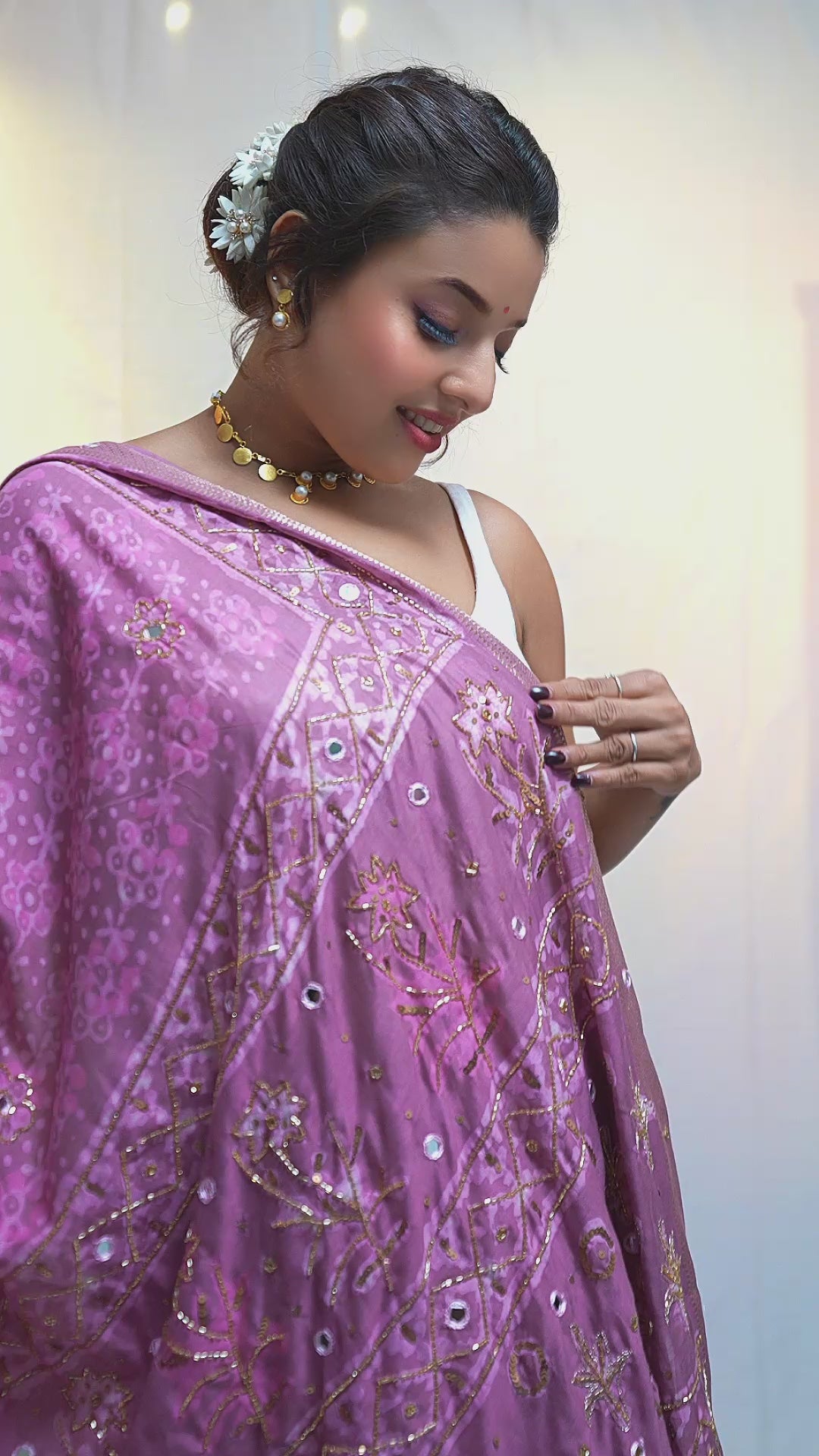 Cotton Silk Bagru Print Saree with Real Mirror & Zardozi Work
